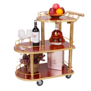 Xe đẩy phục vụ rượu khung inox vàng mặt gỗ HTFW-42