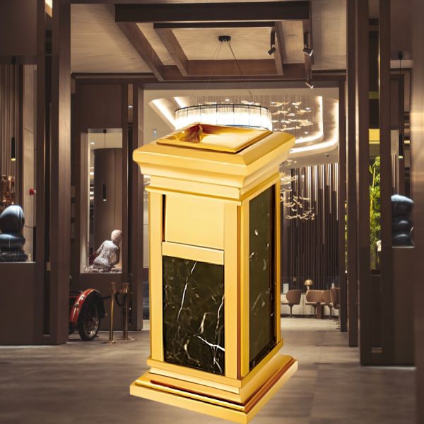 Thùng rác inox mạ vàng đá đen có gạt tàn HTG-17B-B2 - Ảnh 9