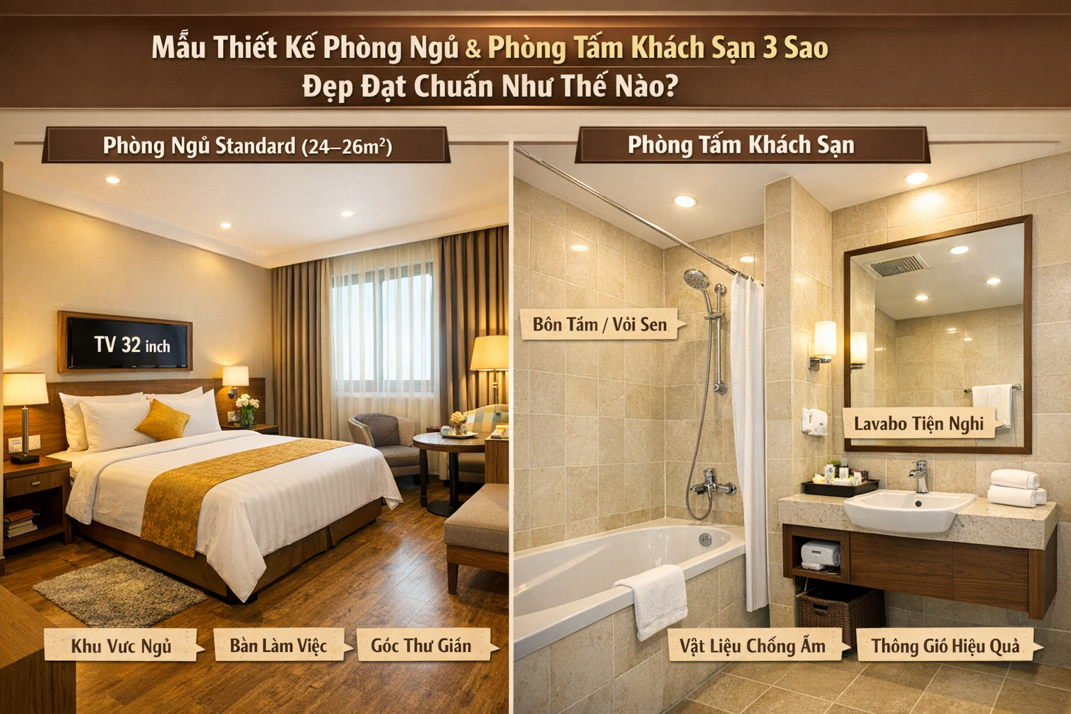 Mẫu Thiết Kế Phòng Ngủ & Phòng Tắm Khách Sạn 3 Sao Đẹp Đạt Chuẩn Như Thế Nào?