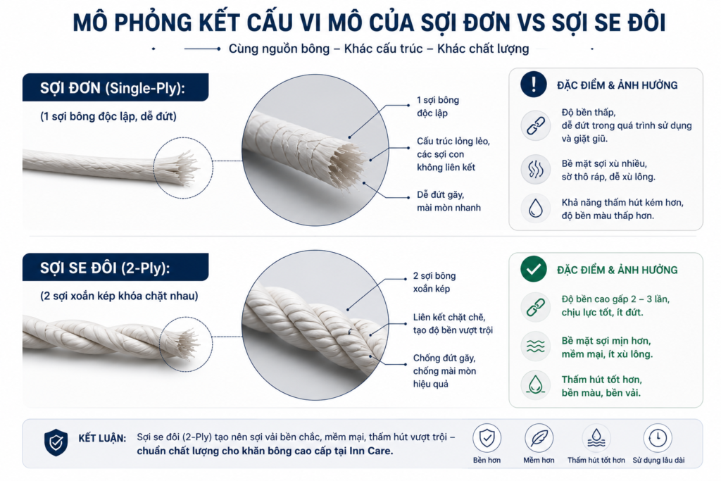 Tại sao khăn tắm khách sạn bắt buộc phải dệt từ sợi se đôi (2-Ply Yarn) thay vì sợi đơn?
