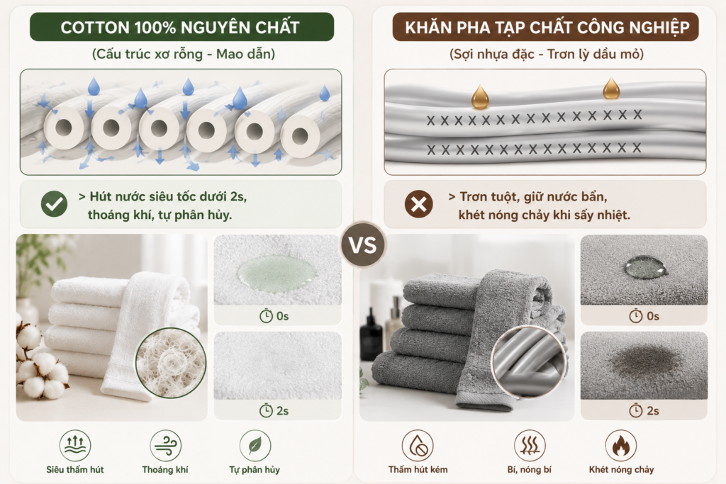 Cách nhận biết khăn Cotton 100% nguyên chất và Khăn pha tạp chất (Poly/Nylon) bằng 3 mẹo kiểm tra tại chỗ
