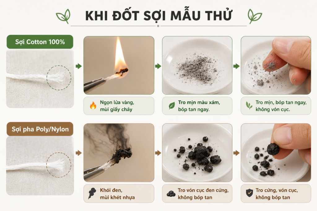 Cách nhận biết khăn Cotton 100% nguyên chất và Khăn pha tạp chất (Poly/Nylon) bằng 3 mẹo kiểm tra tại chỗ
